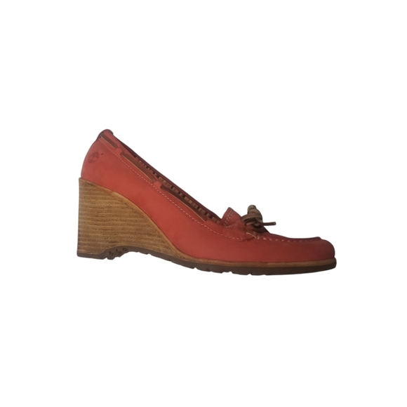 Timberland Coral Red Leather Wedge Heel Boat Shoes Size 6.5M - Picture 6 of 11